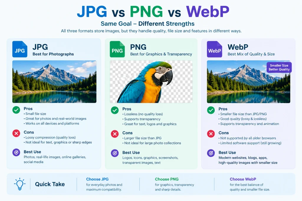JPG vs PNG vs WebP — Quick Comparison